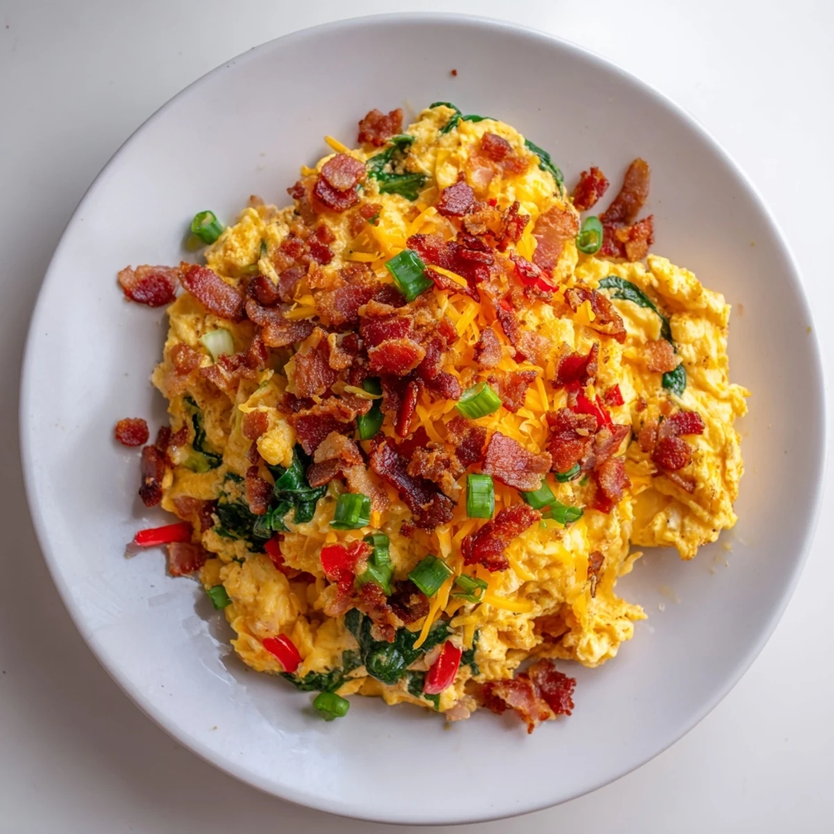 Hearty loaded scrambled eggs feature sautéed bell pepper and spinach for a colorful brunch.