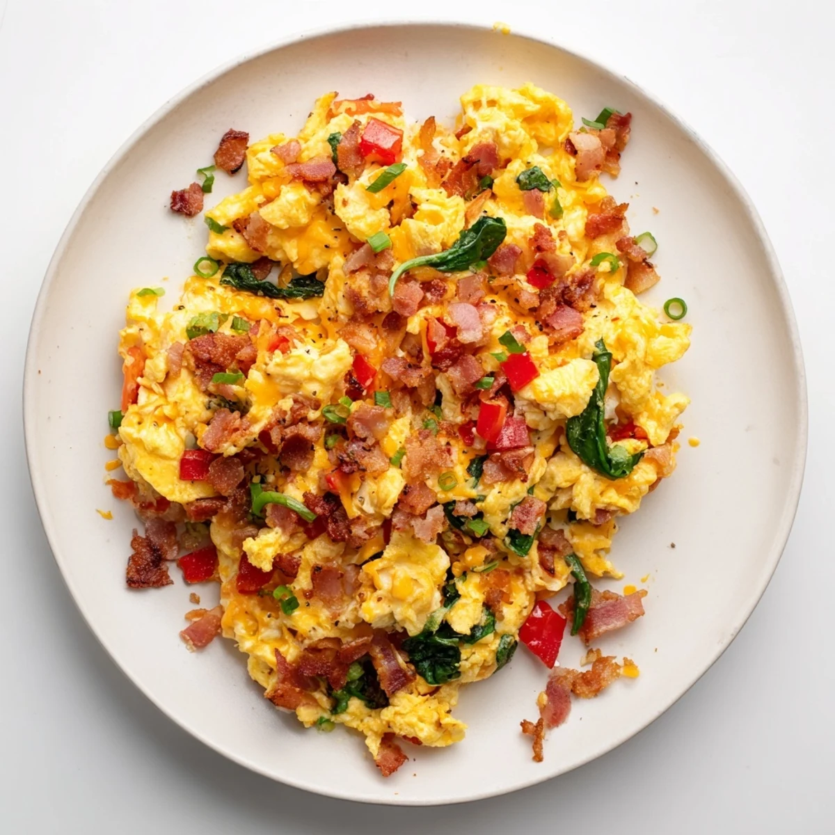 A skillet of loaded scrambled eggs with green onions and melted cheese, ready to serve.
