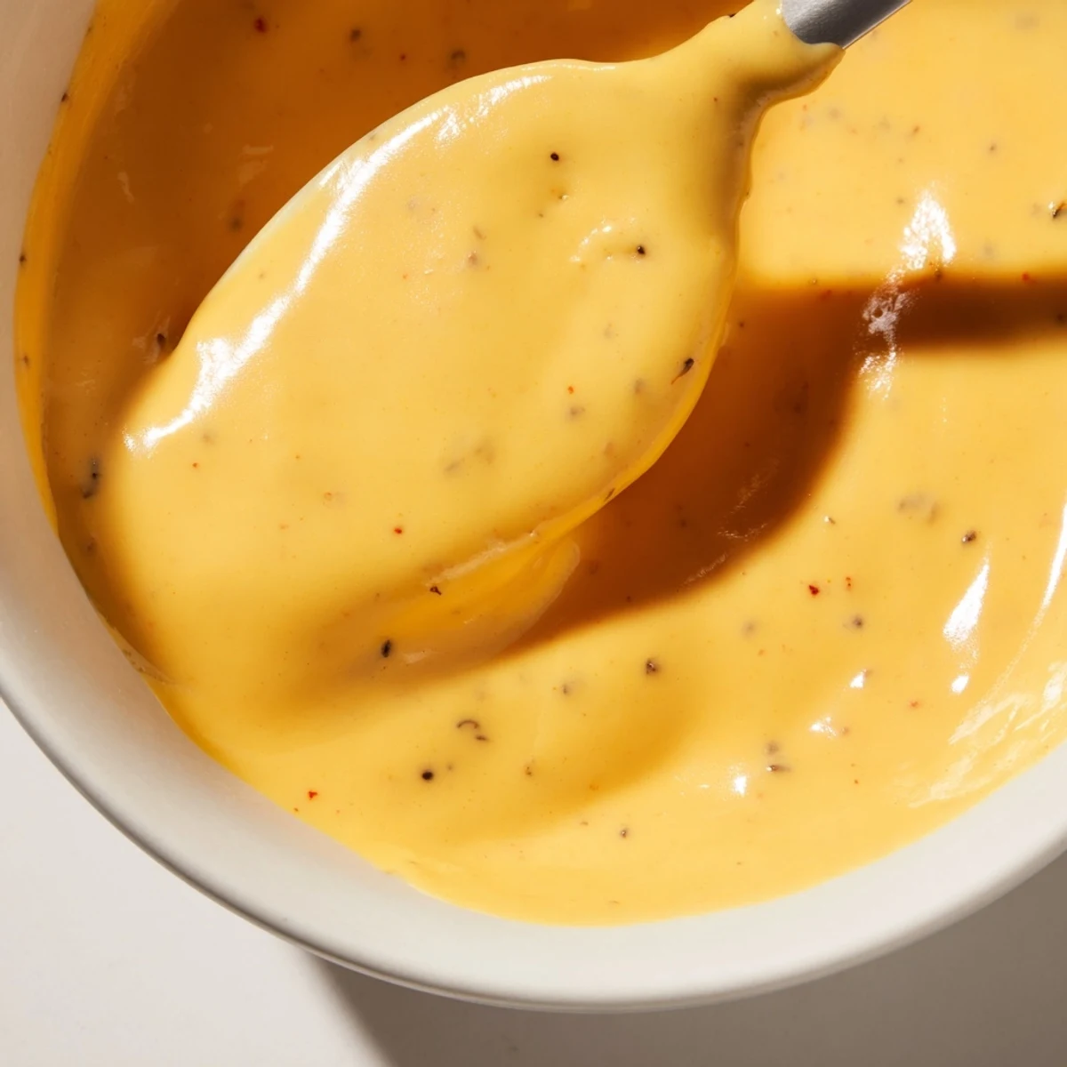 Rich and tangy Snappy Cheddar Sauce served in a ceramic bowl beside tortilla chips for dipping at a family gathering.