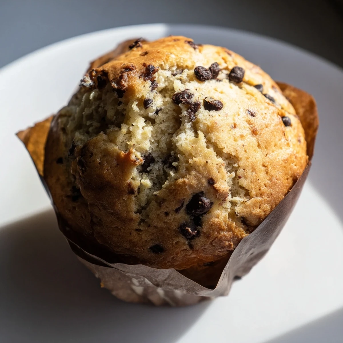A close-up of a French Roast Coffee Muffin with Mochi Flour split open to reveal a chewy, tender interior studded with mini chocolate chips.