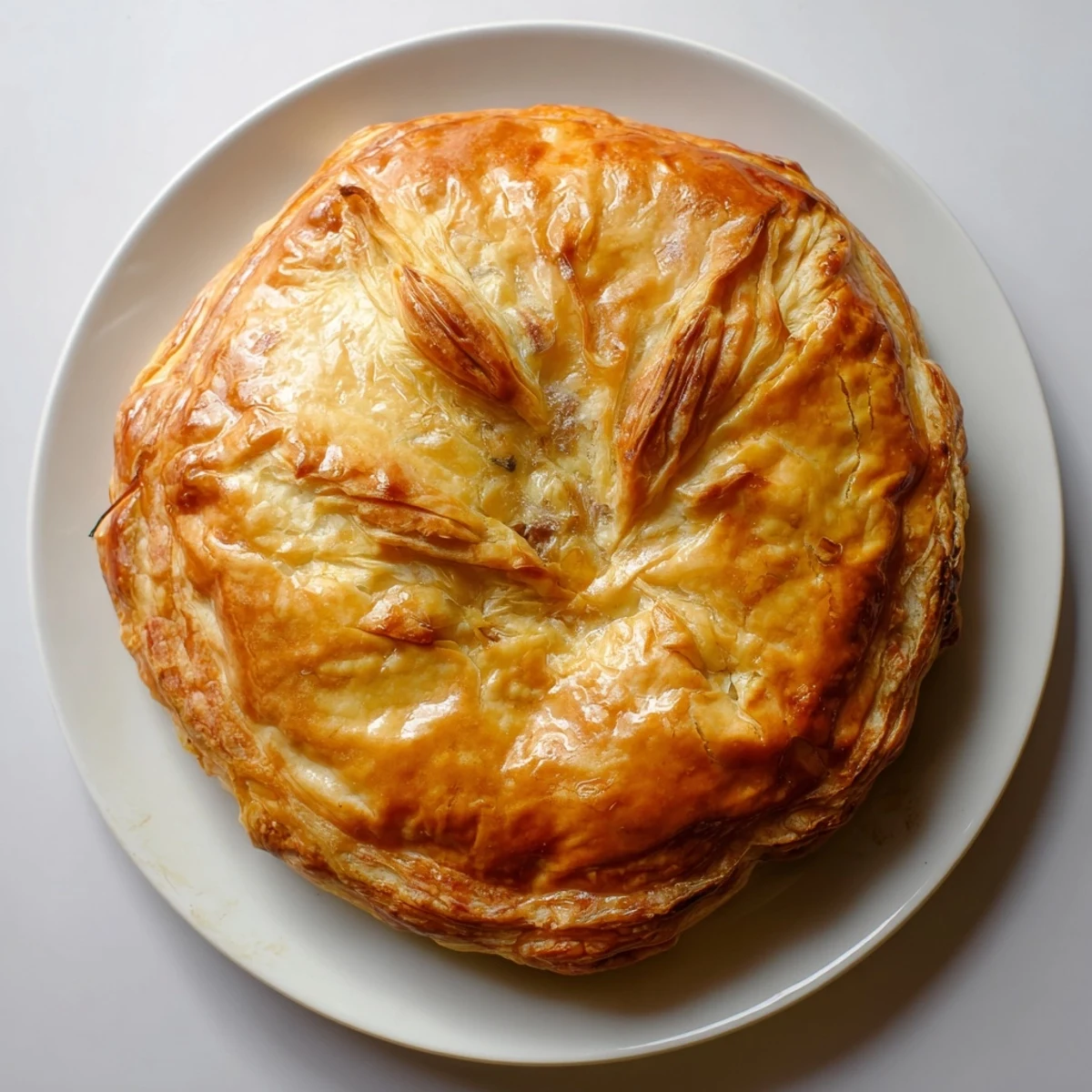 Golden Pate Chaud pastry reveals savory pork filling, served warm on a plate.  