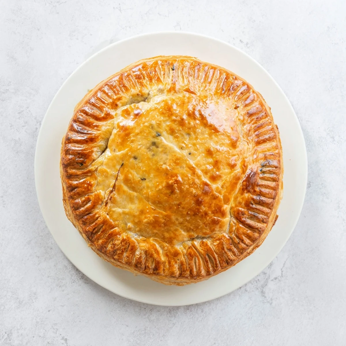 Pate Chaud recipe: puff pastry arcs open to show seasoned pork inside.