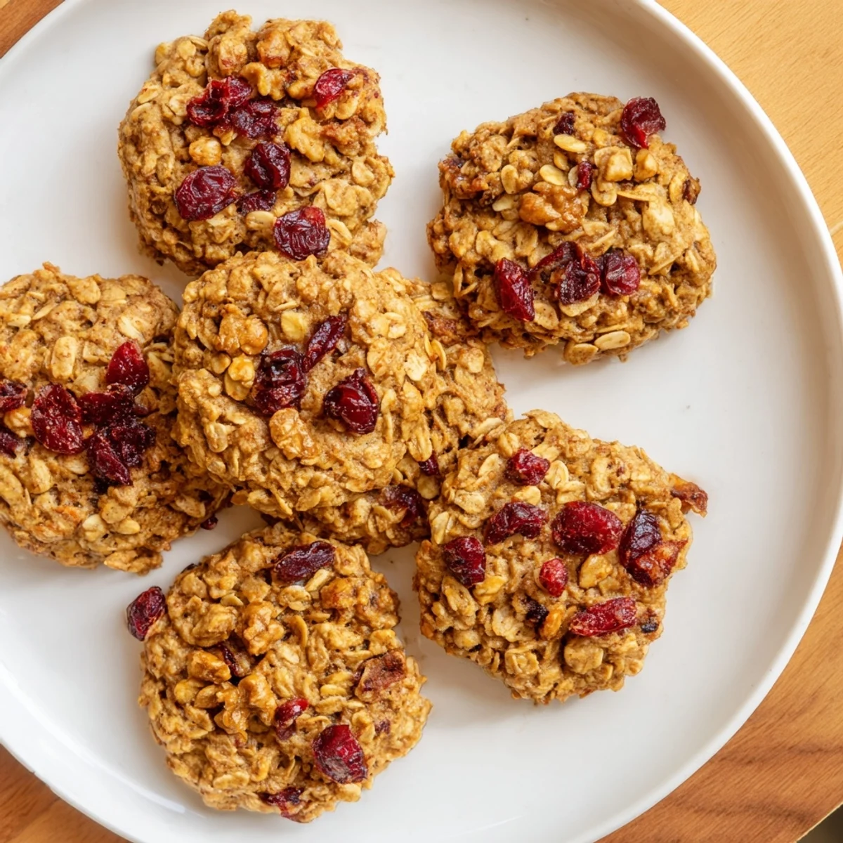 A stack of warm Chai Oatmeal Craisin Cookies with visible oats and tart dried cranberries