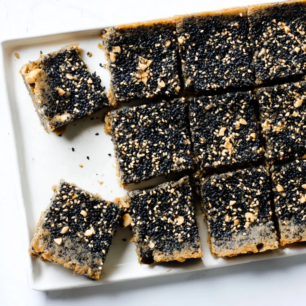 A close-up view of Black Sesame Blondies showcasing their dark speckled crumb and glossy white chocolate chips on a marble counter.
