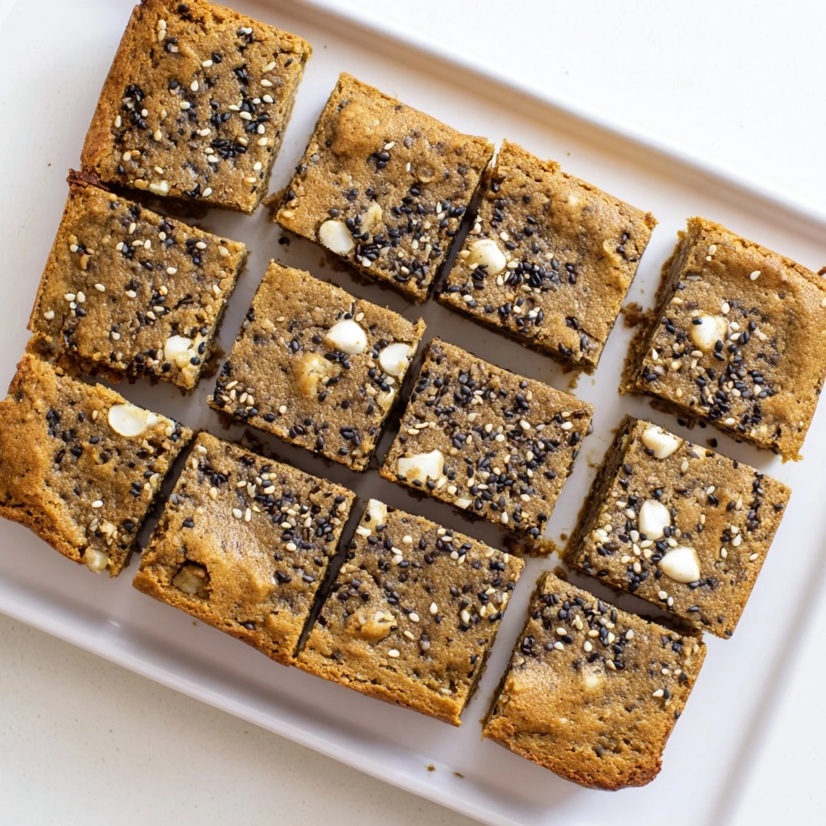Freshly baked Black Sesame Blondies with a chewy texture and toasted sesame aroma, arranged neatly on a wooden serving board.
