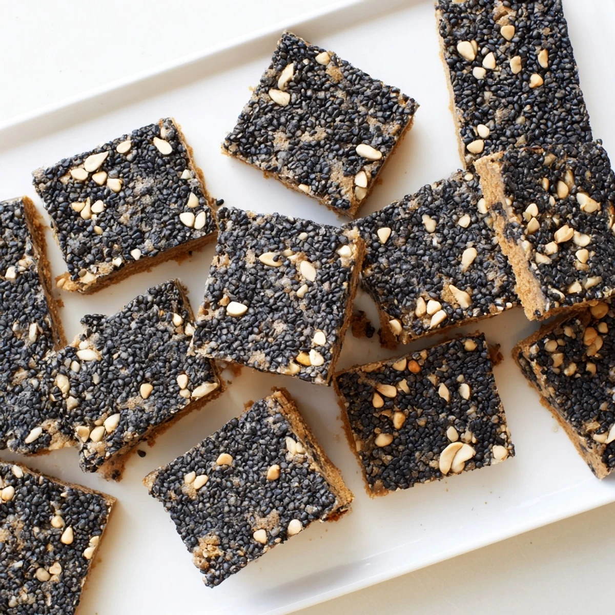 Golden-edged Black Sesame Blondies sliced into squares, served on a small plate with a dusting of sesame seeds for garnish.