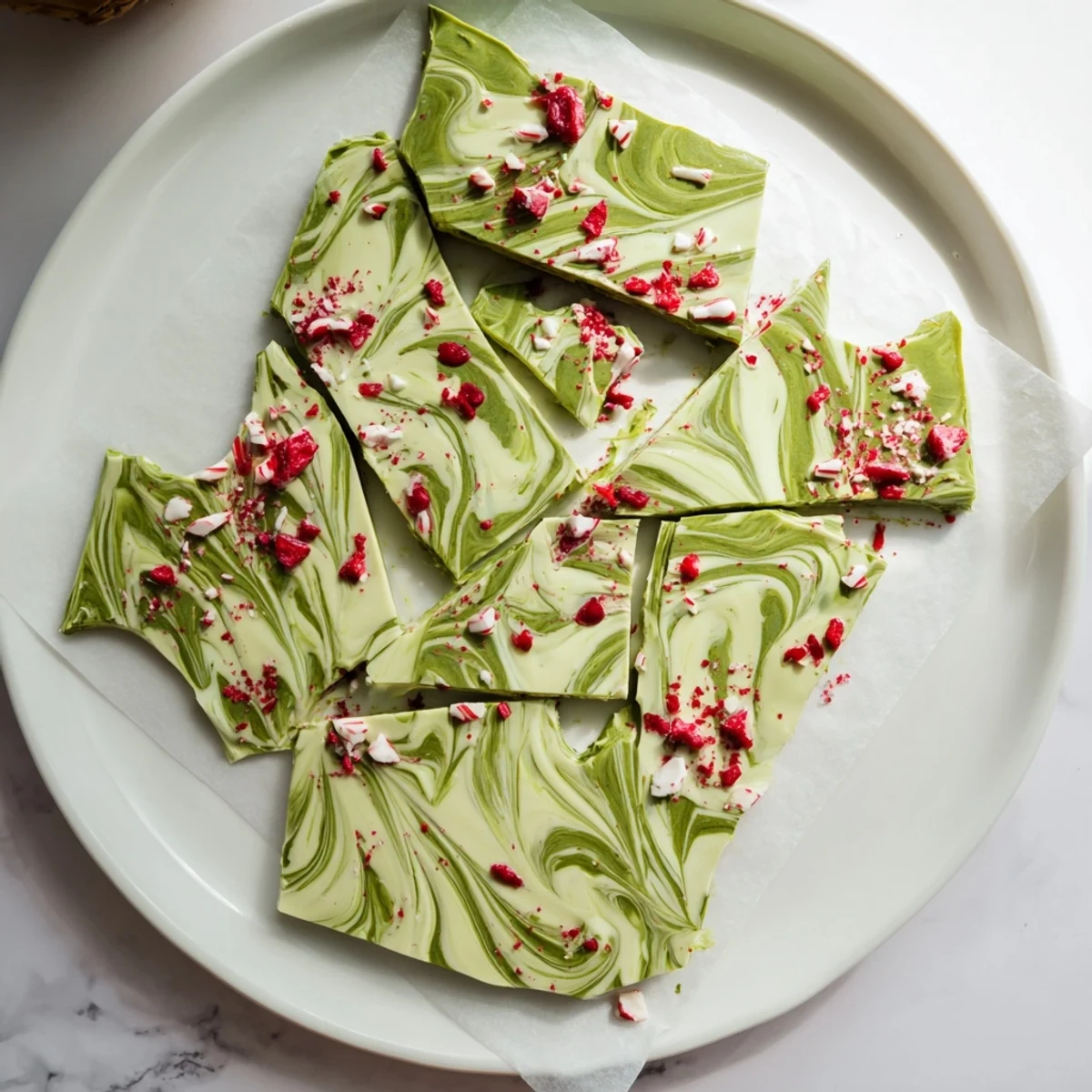 Vibrant green matcha peppermint bark marbled on a chilled baking sheet, ready to be broken into festive holiday pieces.