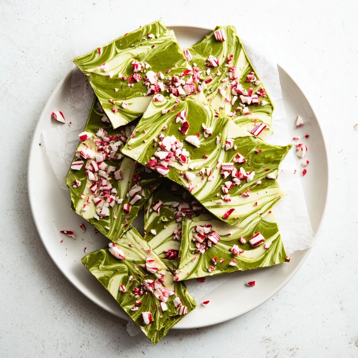 Creamy white chocolate matcha peppermint bark with crushed peppermint candy topping, served on a rustic wooden cutting board.