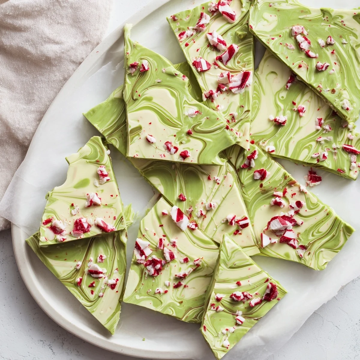 Glossy matcha peppermint bark pieces stacked in a clear jar, perfect for homemade gifts or a holiday dessert platter.