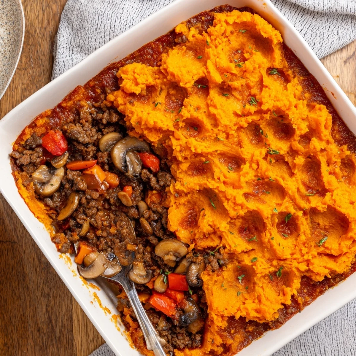 Golden-brown, creamy sweet potato mash topping a savory Beef, Tomato & Mushroom Cottage Pie fresh from the oven.