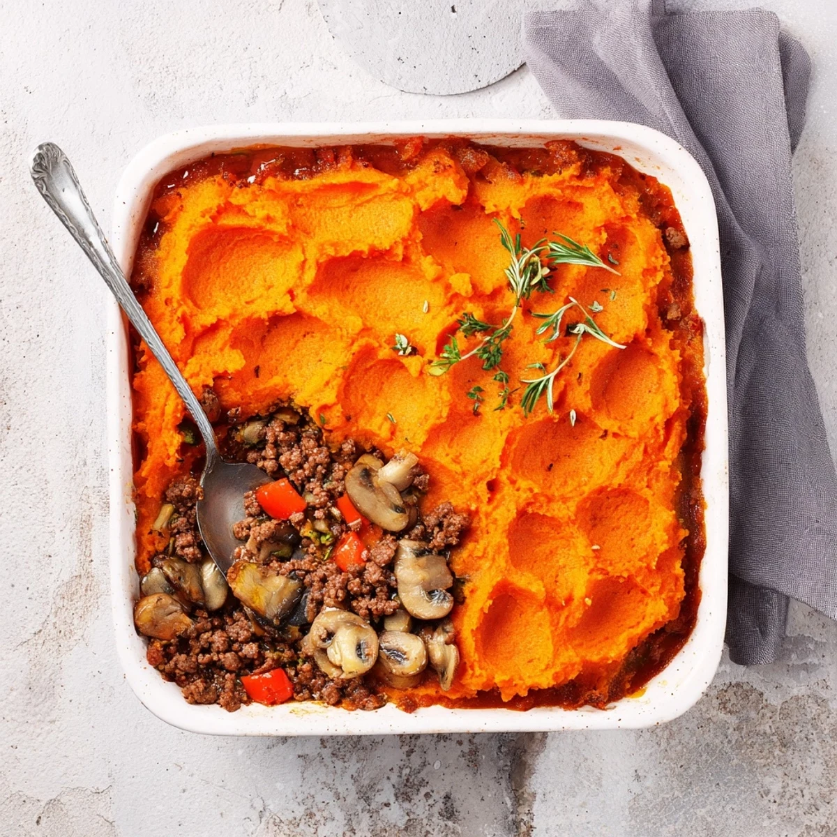 Slice of tender Beef, Tomato & Mushroom Cottage Pie served on a plate with a side salad.