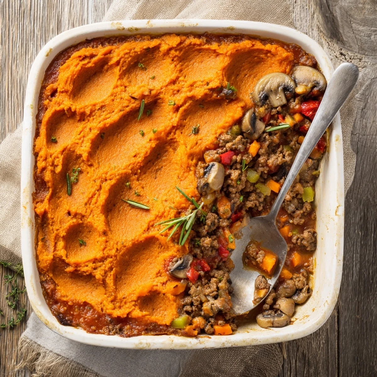 Hearty ground beef filling with mushrooms and tomatoes in a bubbling Beef, Tomato & Mushroom Cottage Pie.