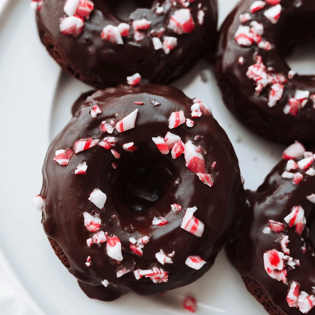 Golden-brown Chocolate Peppermint Mochi Donuts sit on a wire rack, topped with a glossy, rich chocolate glaze and crushed peppermint candy canes.  