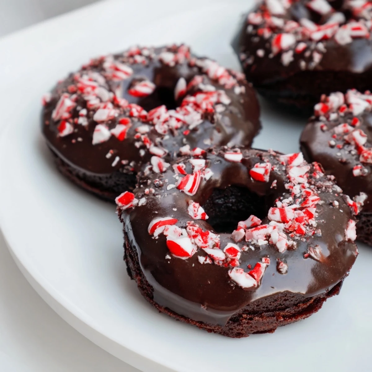Freshly baked Chocolate Peppermint Mochi Donuts displayed on a festive plate, featuring a smooth peppermint glaze and colorful holiday topping.