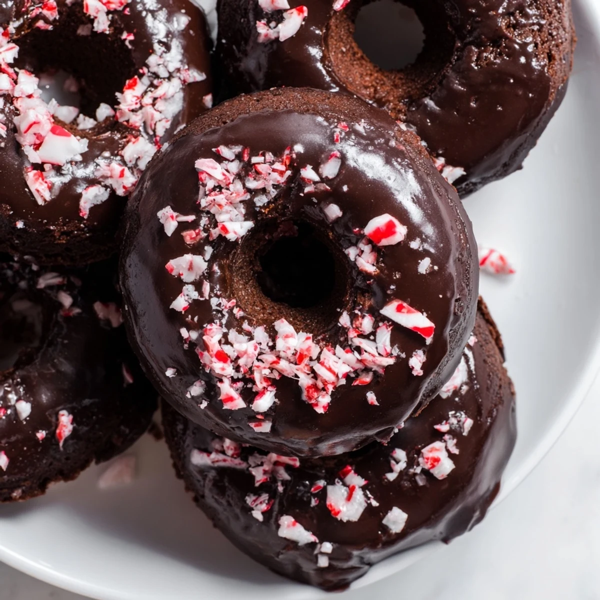 A close-up view of soft, chewy Chocolate Peppermint Mochi Donuts drizzled with chocolate glaze and sparkling crushed candy canes.  