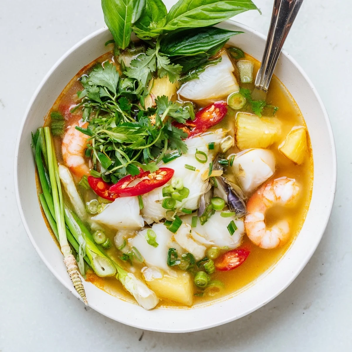 This vibrant Canh Chua recipe showcases tomato wedges and bean sprouts in a tangy, aromatic broth perfect for serving with rice.