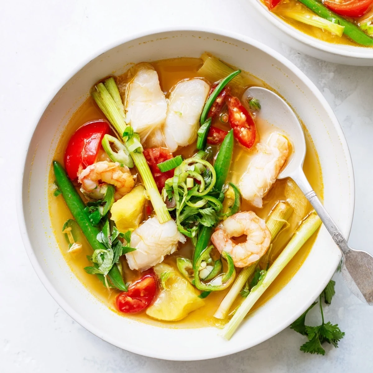 A steaming bowl of Canh Chua soup with tender fish fillets and bright pineapple chunks, garnished with fresh cilantro and Thai basil.