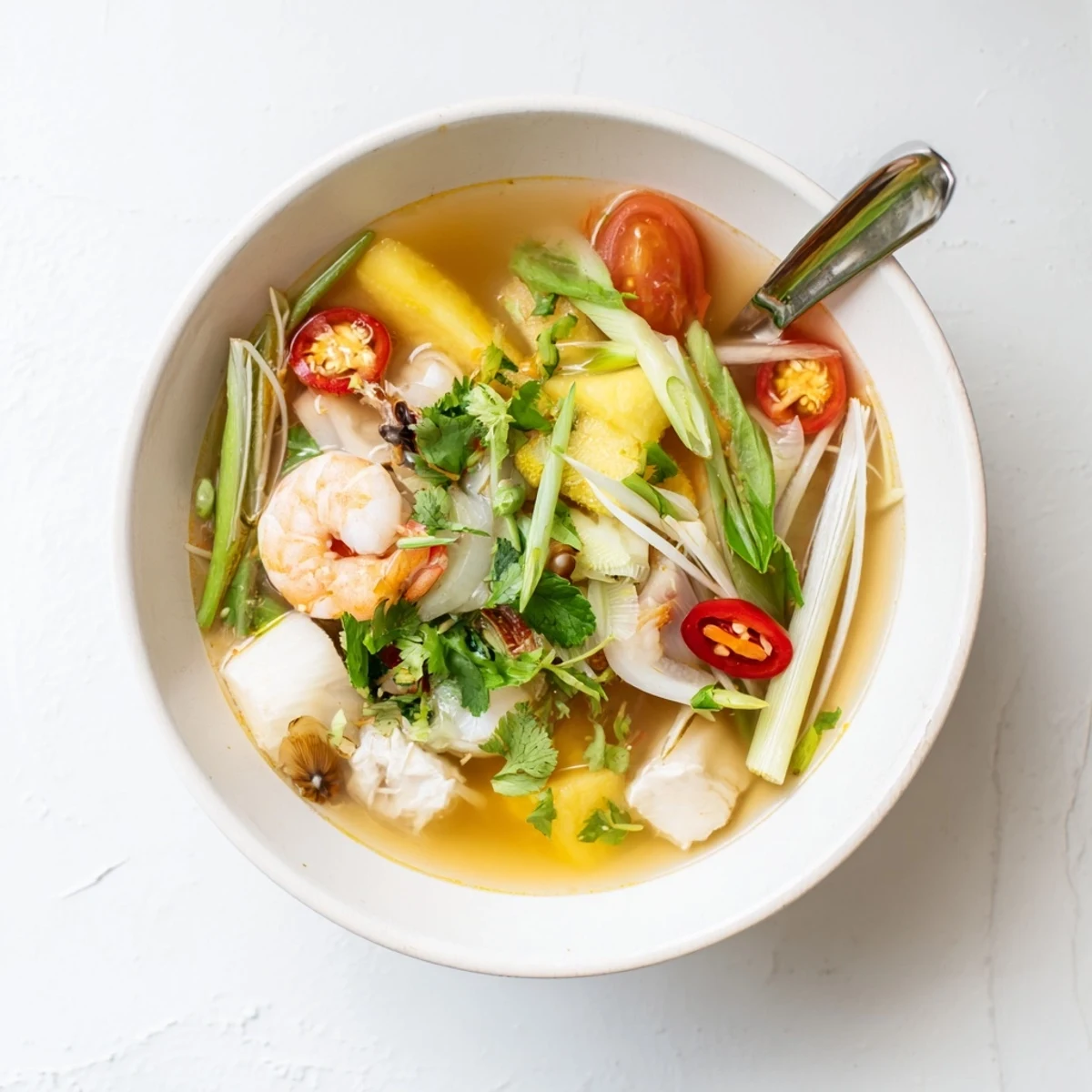 Close-up of Canh Chua sweet and sour soup, featuring succulent shrimp and okra slices in a savory, herb-filled Vietnamese broth.