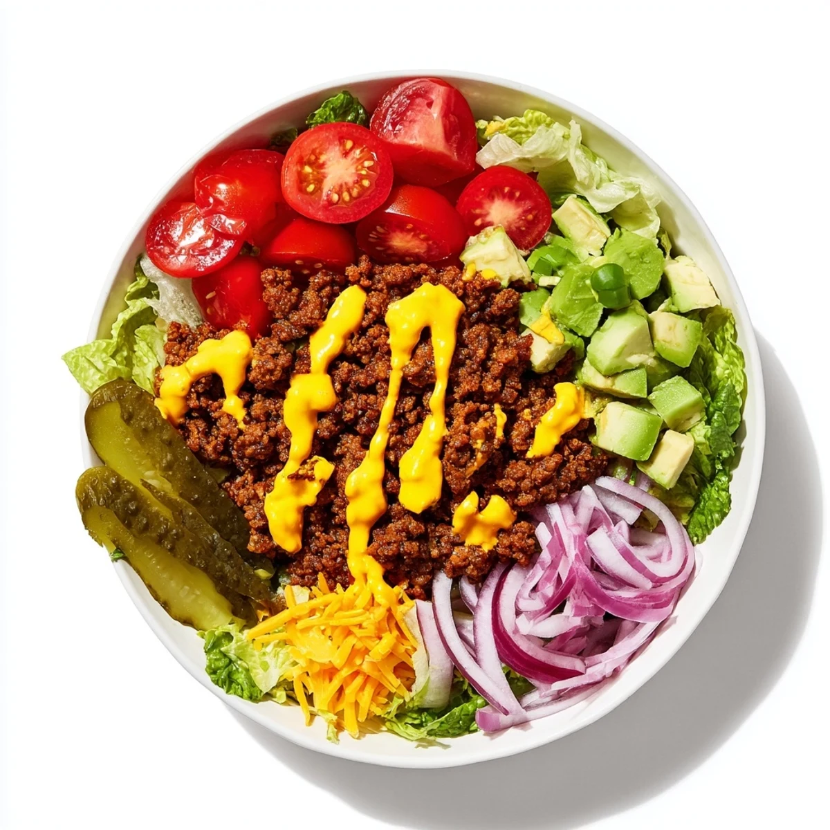Close-up of vibrant Burger Bowls topped with seasoned beef, melted cheddar, and fresh avocado on crisp romaine.