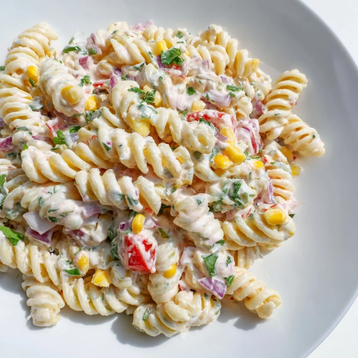 Freshly made Mexican Street Corn Pasta Salad in a white bowl, showcasing creamy dressing, charred sweet corn, and chopped red bell peppers.