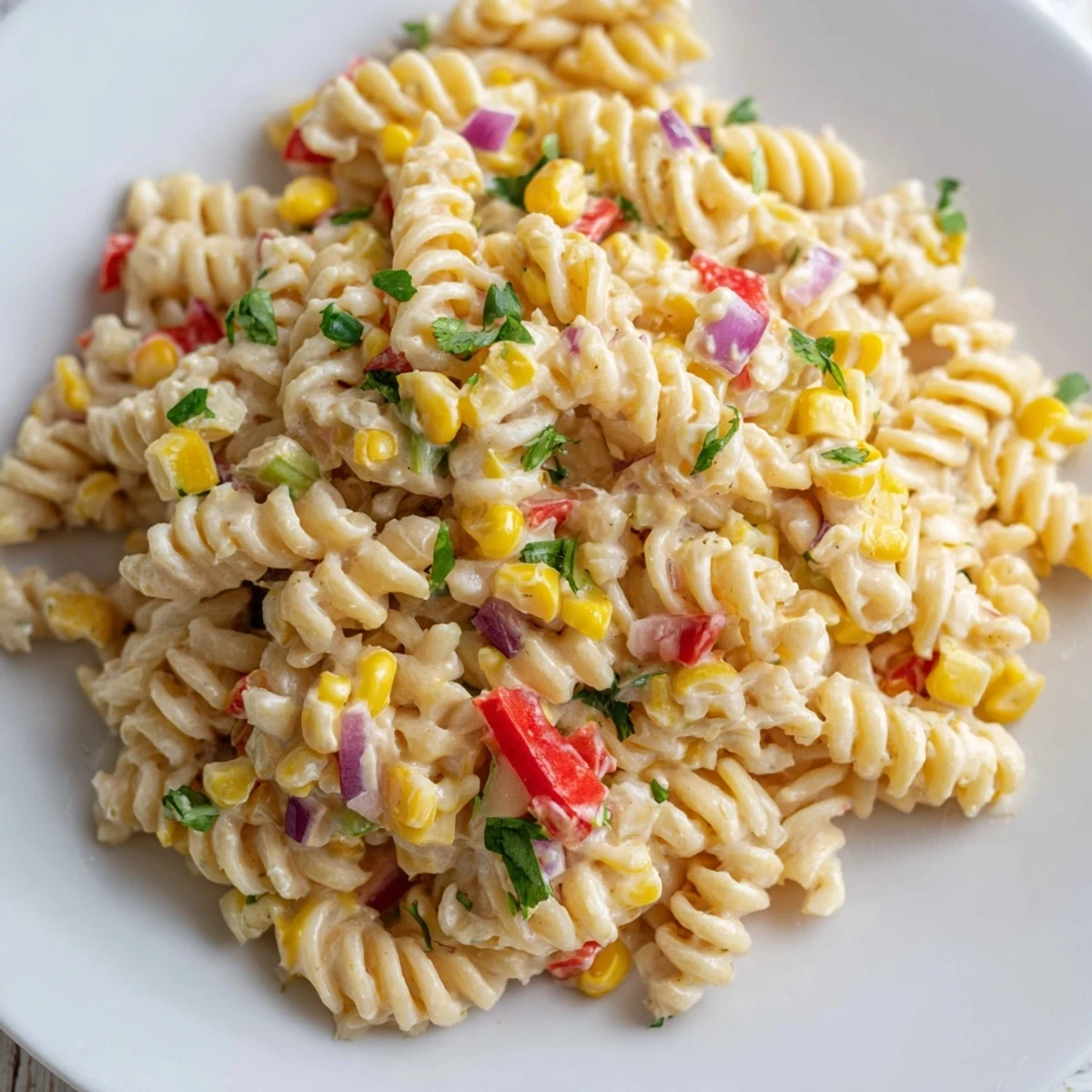 A close-up view of Mexican Street Corn Pasta Salad featuring rotini pasta, diced jalapeños, and a smoky chili-lime dressing for a zesty kick.