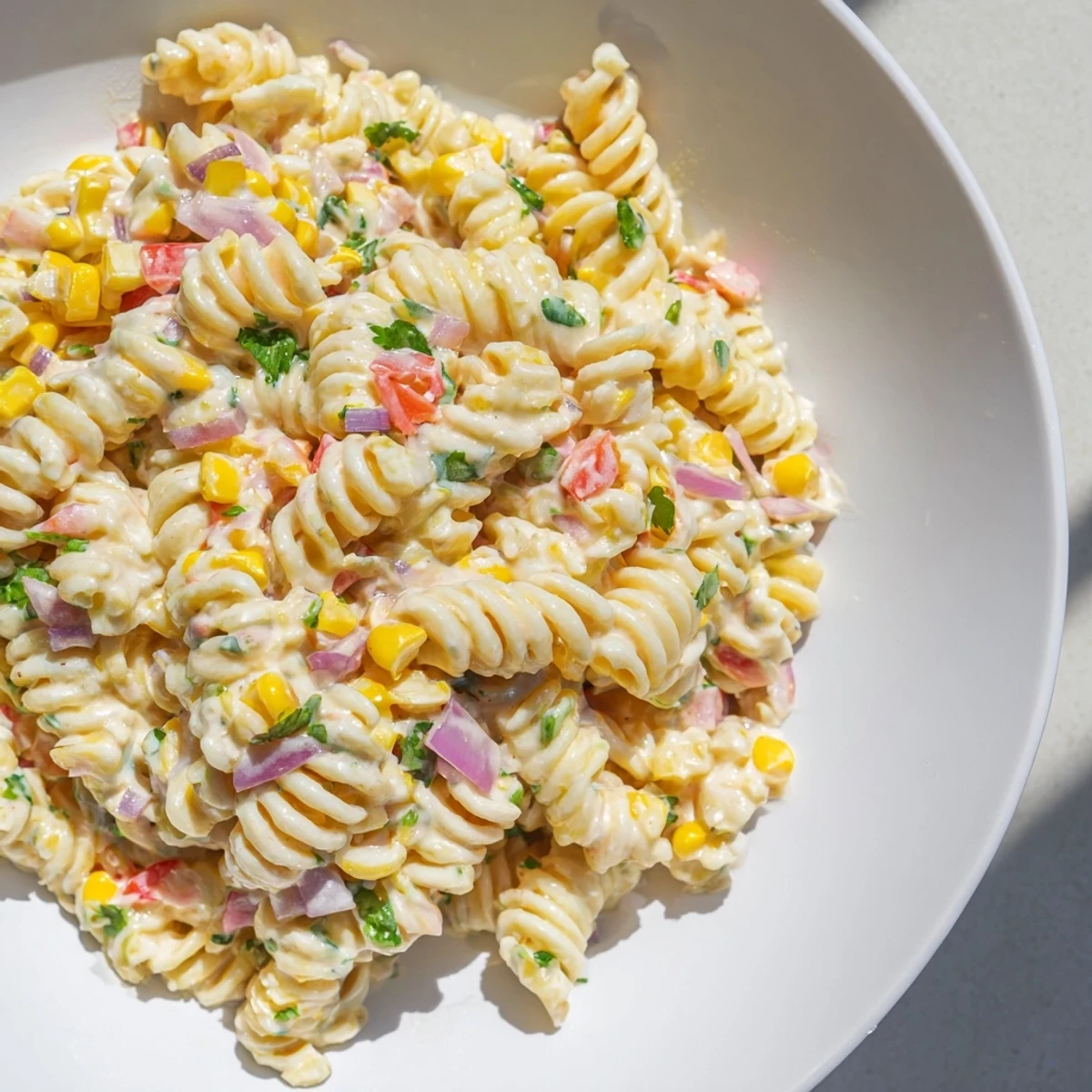 Ready to serve Mexican Street Corn Pasta Salad garnished with crumbled cotija, fresh cilantro, and a vibrant lime wedge on the side.