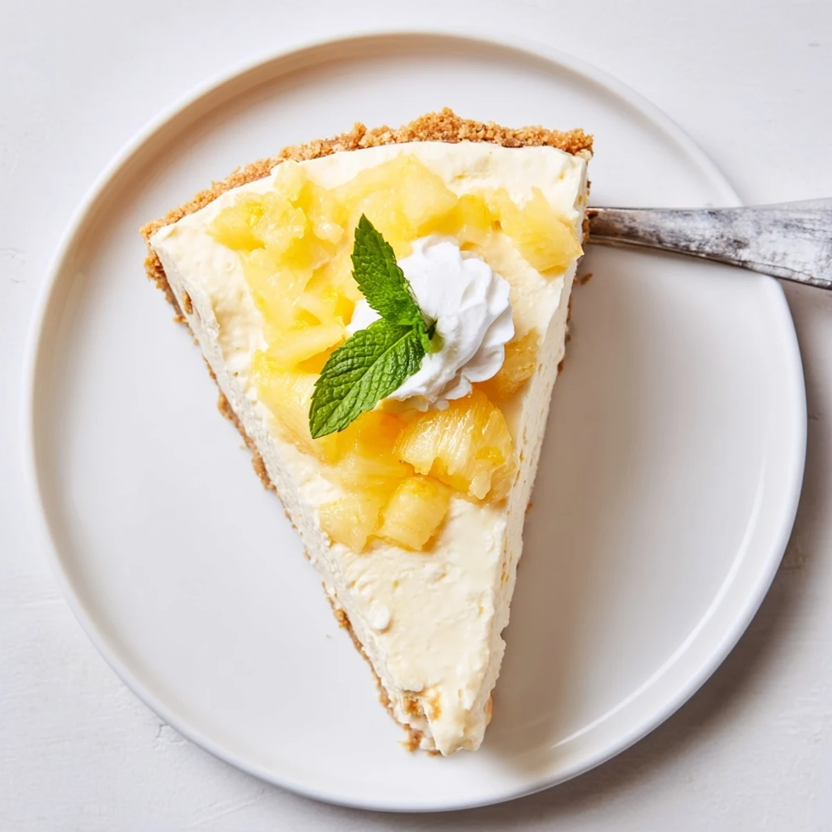 Fresh No Bake Pineapple Cheesecake slices on a plate topped with whipped cream and a mint leaf.