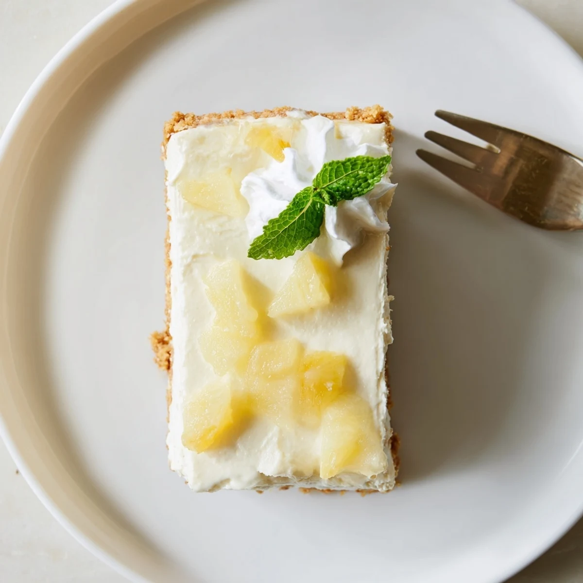 A chilled No Bake Pineapple Cheesecake wedge revealing its creamy texture and buttery graham cracker crust.