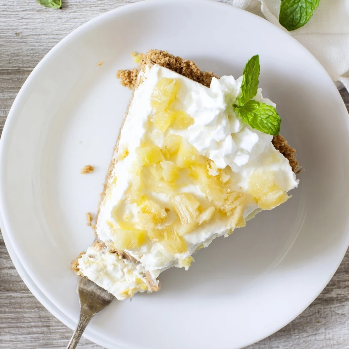 Overhead view of a whole No Bake Pineapple Cheesecake with crushed pineapple garnish, ready to serve.