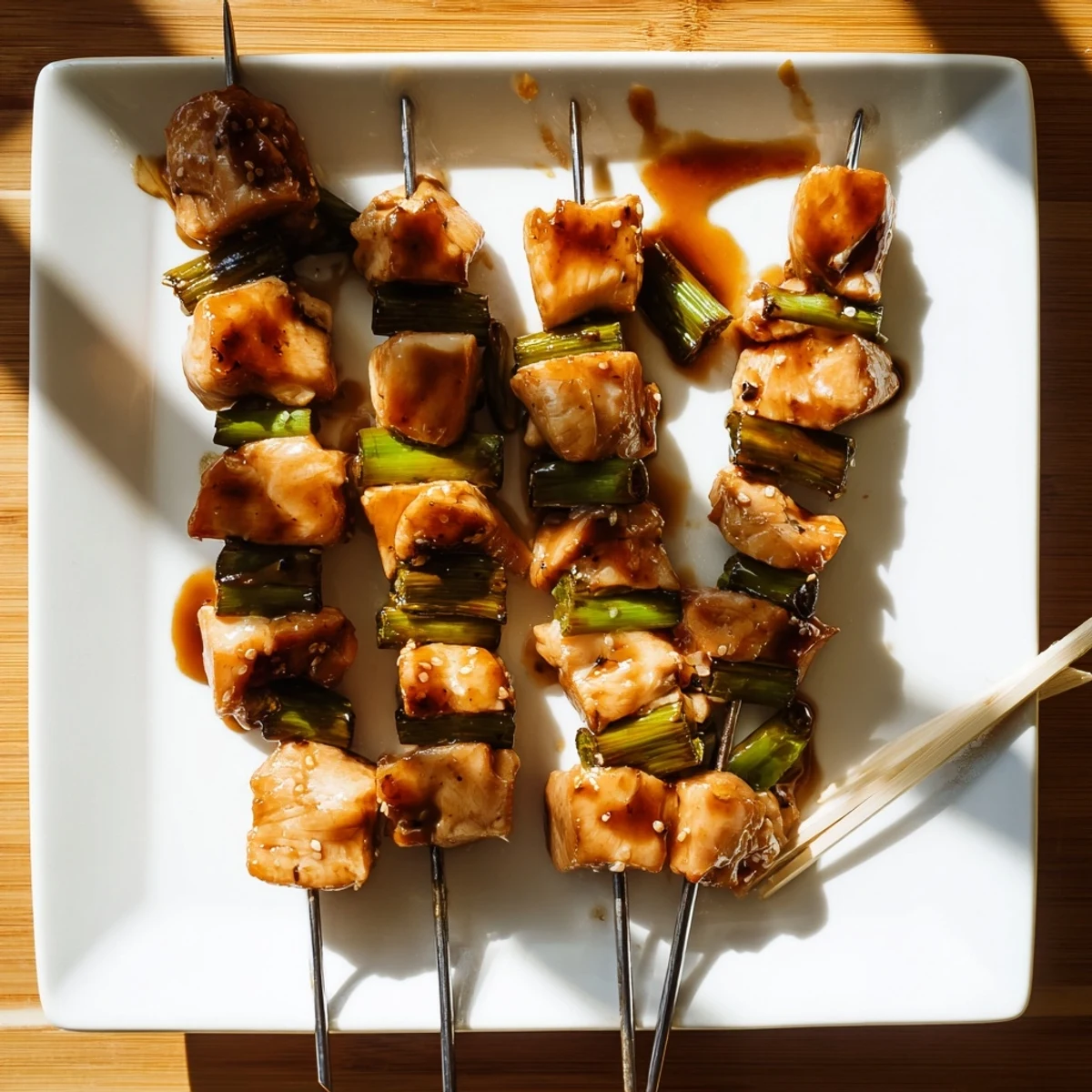 Tender chicken thigh and scallion yakitori skewers brushed with sweet-savory tare, steaming hot off the grill and ready to pair with cold Japanese beer.