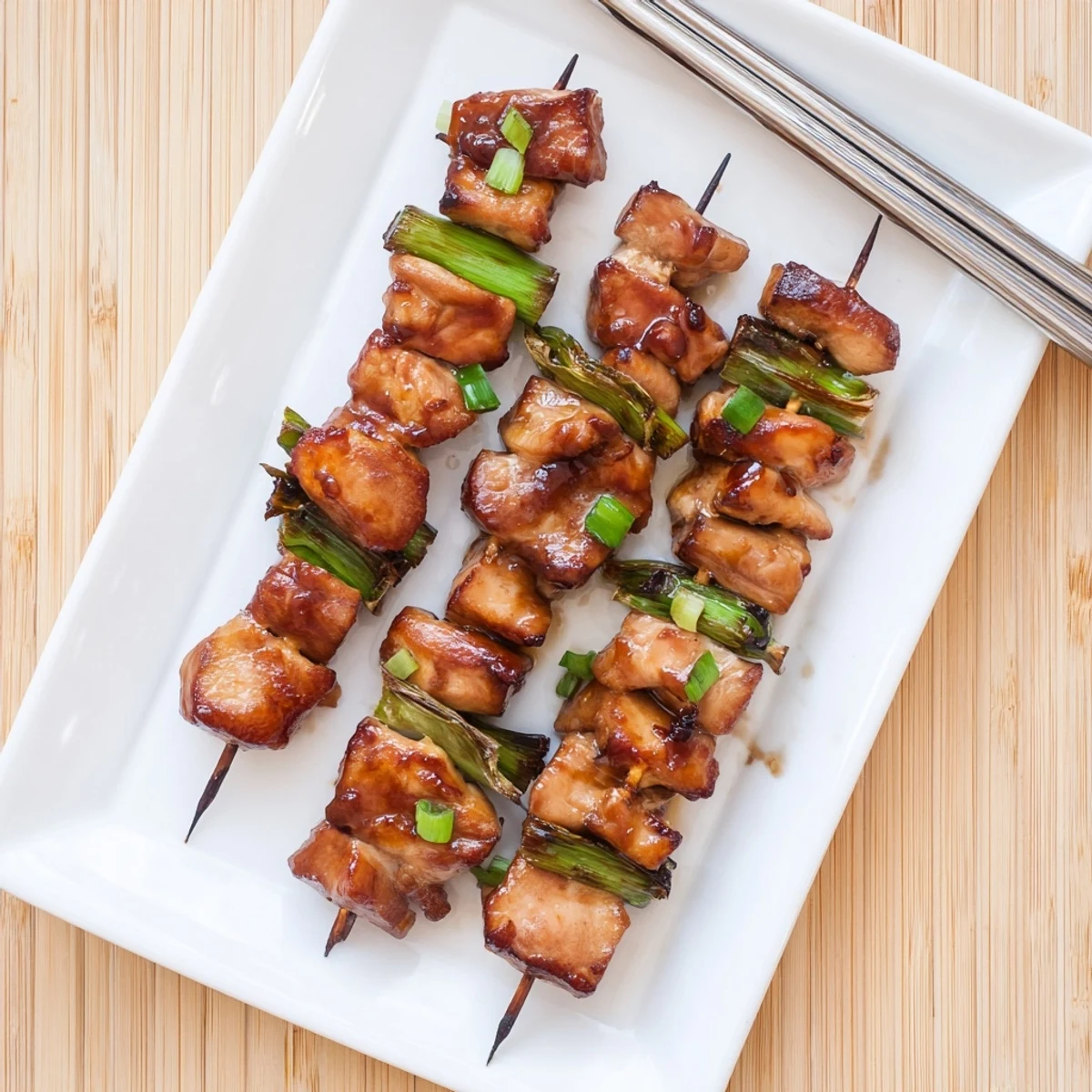 Golden-brown Japanese Chicken Yakitori skewers with glossy tare glaze, scallions, and char marks, served on a wooden platter for a casual weeknight dinner.