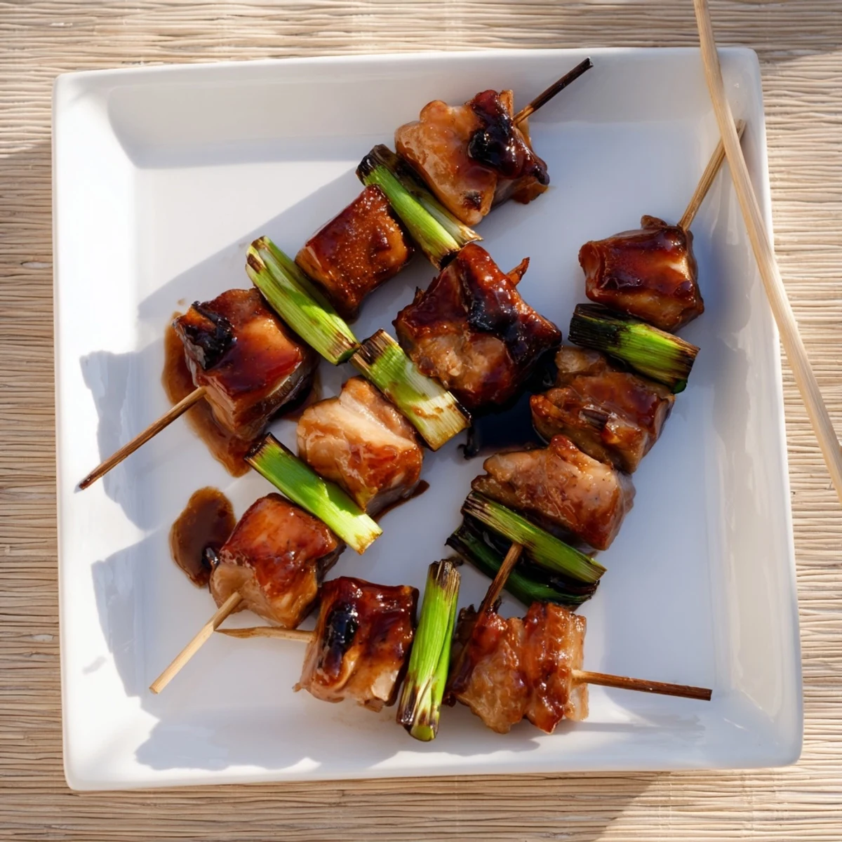 Grilled Japanese Chicken Yakitori brushed with a sticky tare sauce, showcasing juicy cubes and caramelized edges on a traditional bamboo skewer presentation.