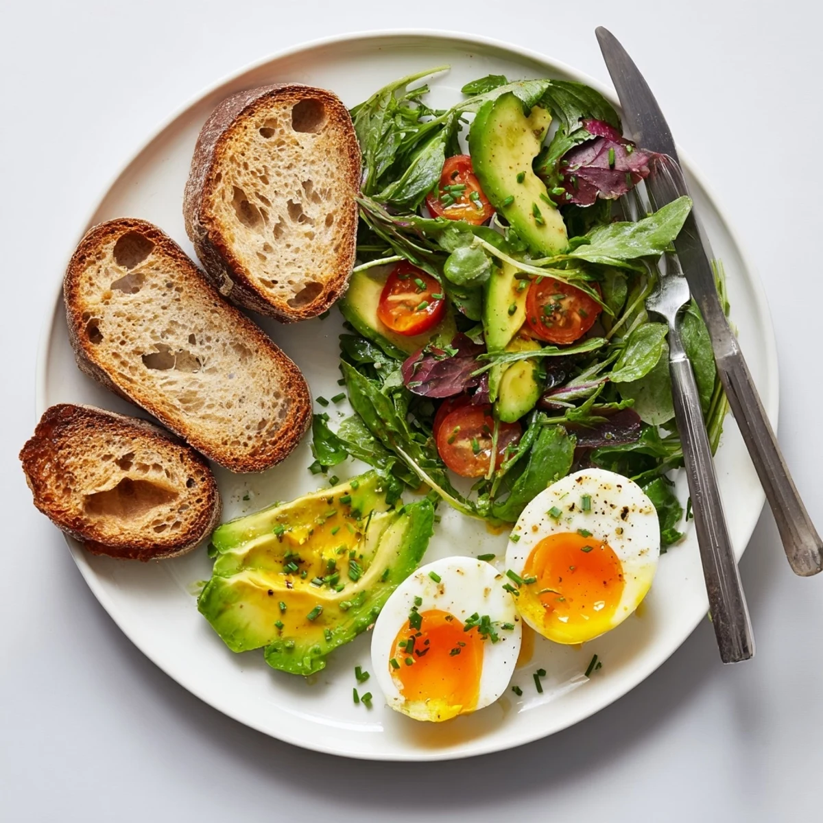 Close-up of a delicious Savory Breakfast Plate featuring warm soft-boiled eggs, golden toasted artisan bread, and a bright lemony salad, garnished with fresh chives and flaky sea salt.