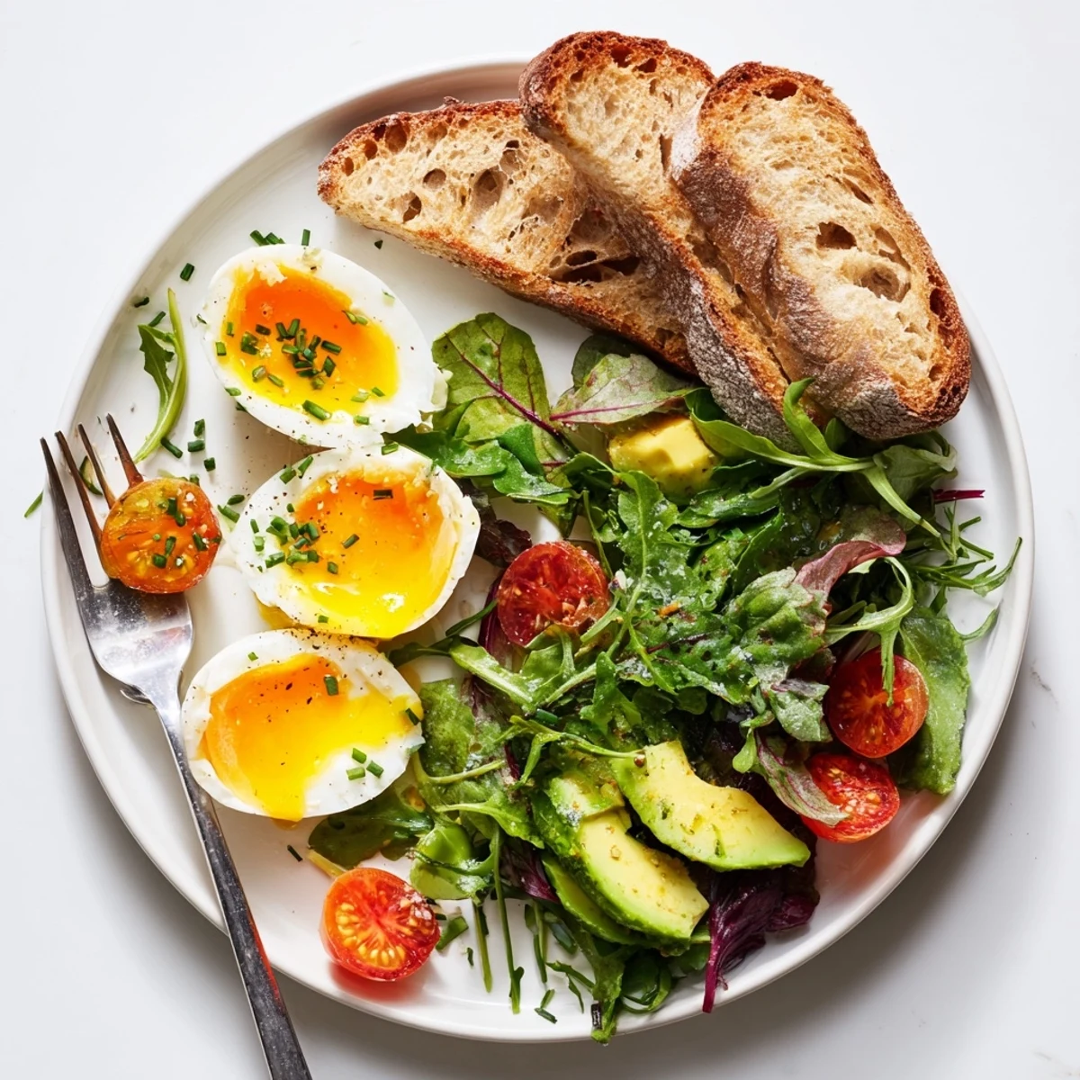 A complete Savory Breakfast Plate with creamy avocado slices, vibrant greens, and perfectly jammy eggs, showcasing a nourishing and protein-rich morning meal for a healthy start.
