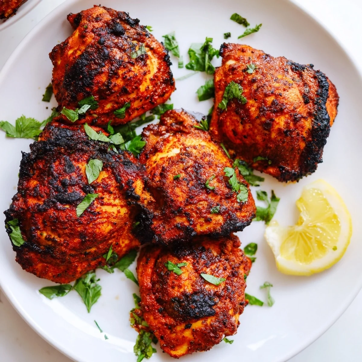 Grilled Tandoori Chicken thighs served with lemon wedges and fresh cilantro, boasting smoky char marks.