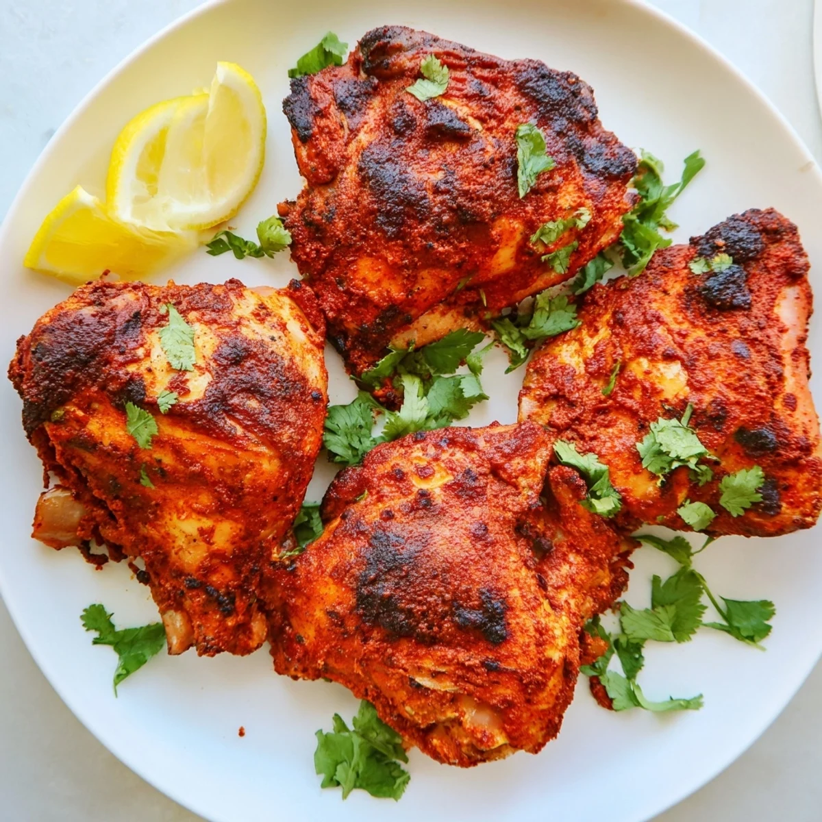 A platter of smoky Grilled Tandoori Chicken next to warm naan bread and fluffy rice.