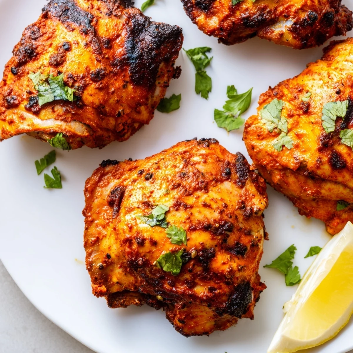 Juicy Grilled Tandoori Chicken thighs with rich red marinade, garnished with cilantro and lemon.