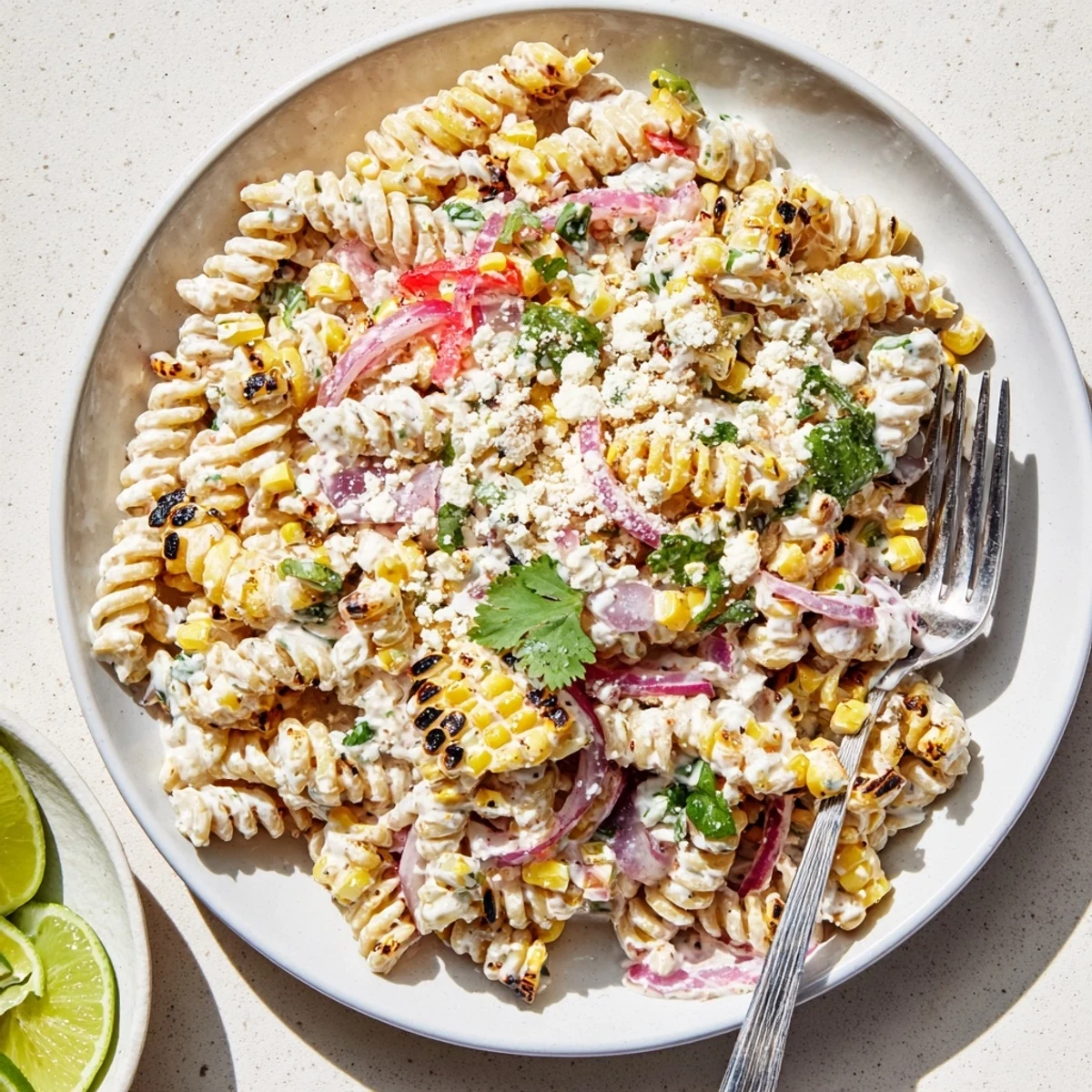 Bright red bell pepper and charred corn pieces shine in Juicy Street Corn Pasta Salad with creamy dressing.