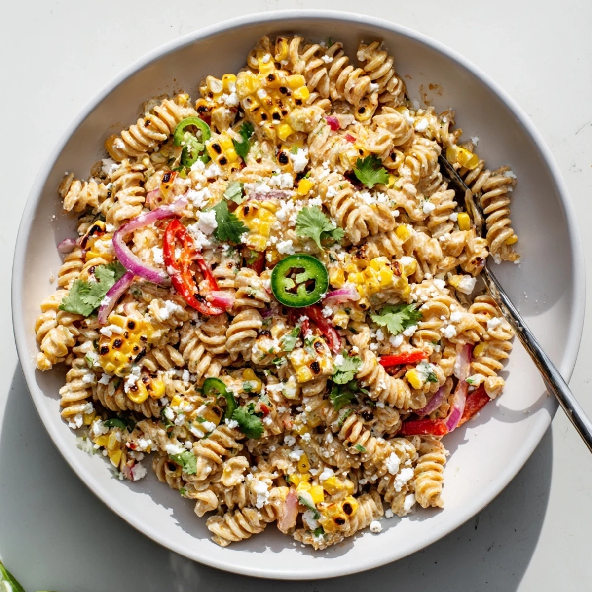 Juicy Street Corn Pasta Salad tossed with rotini, cilantro, and cotija cheese in a zesty lime dressing.