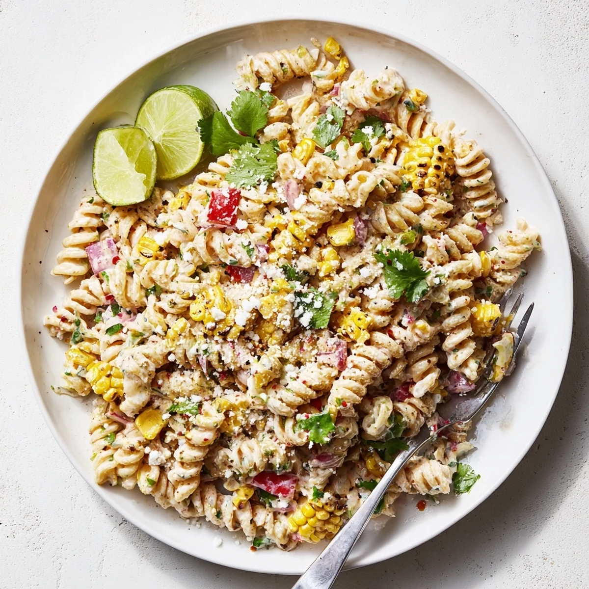 Serving Juicy Street Corn Pasta Salad in a white bowl, garnished with jalapeño slices and extra chili powder.