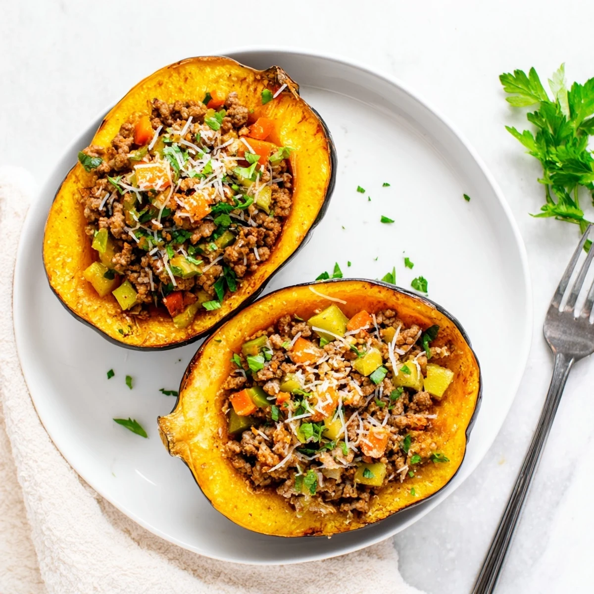 Golden-brown roasted acorn squash halves are generously filled with a savory ground turkey, apple, and herb stuffing, then topped with melted Parmesan. This cozy autumn main dish looks hearty and delicious.