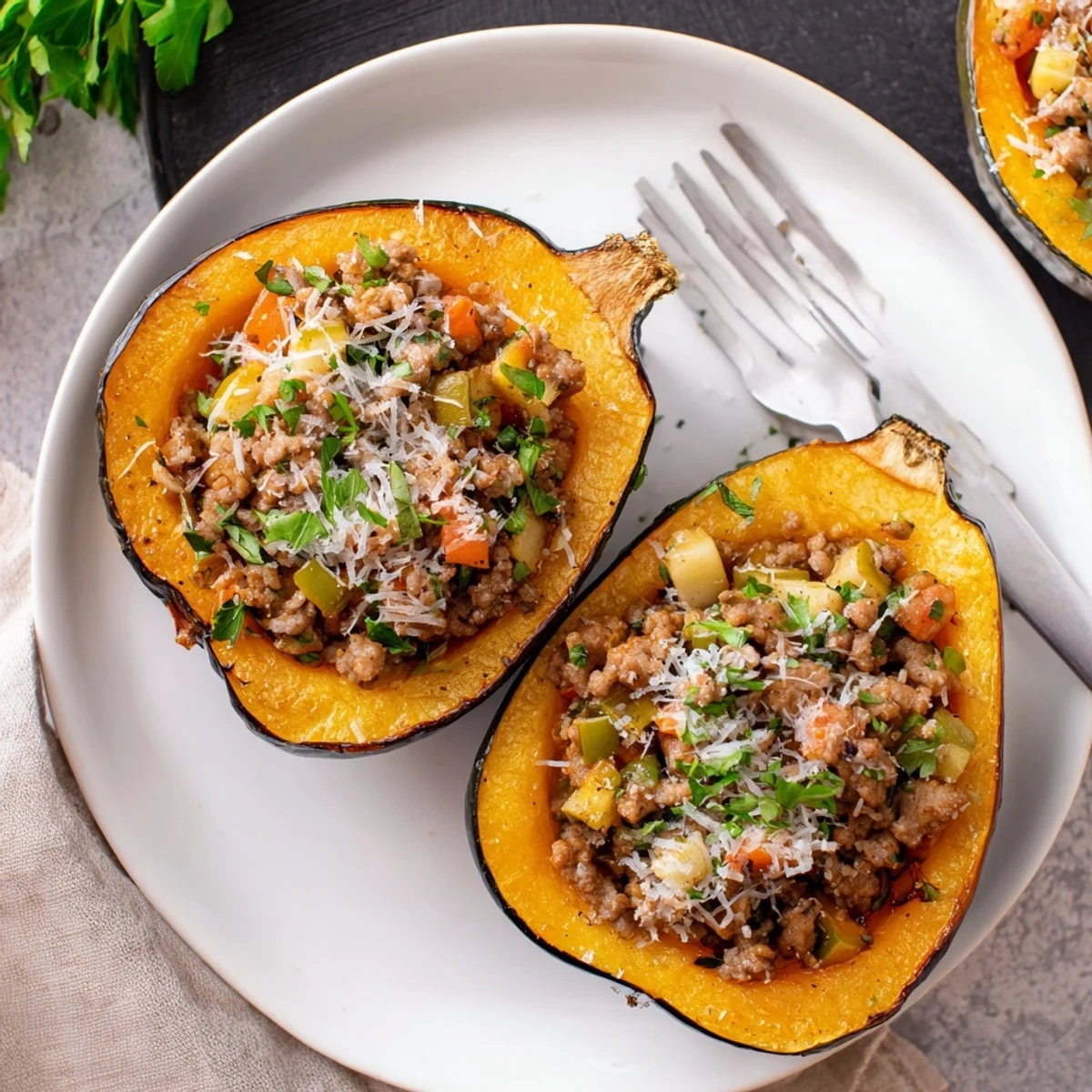 Freshly chopped parsley is sprinkled over the stuffed acorn squash, highlighting the warm spices and tender texture. Perfect for a wholesome gluten-free dinner.