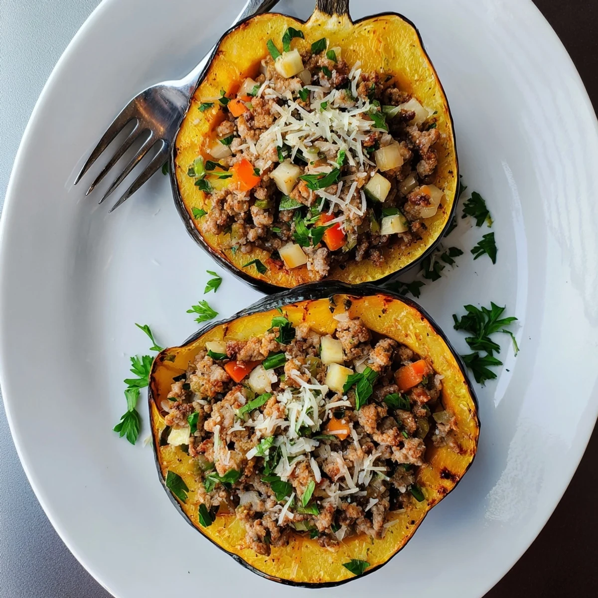 Individual roasted acorn squash boats filled with a rich turkey and vegetable mixture, plated beside a crisp green salad. A rustic and appetizing American meal.
