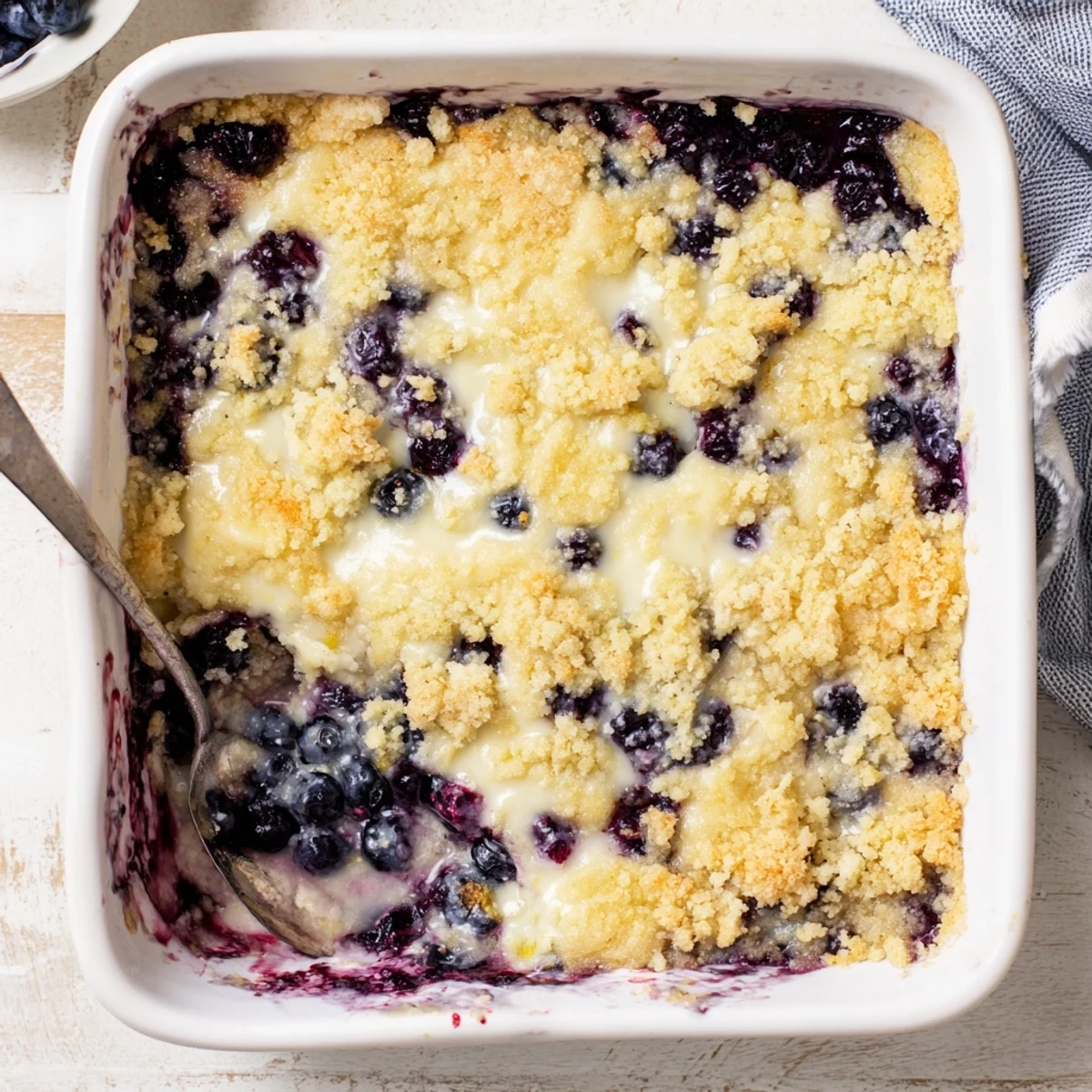 Golden baked lemon blueberry cheesecake dump cake with bubbling fruit filling and creamy cheesecake pockets