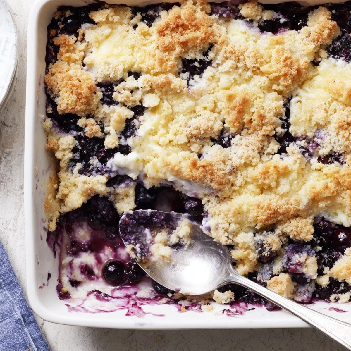 Sliced lemon blueberry cheesecake dump cake served warm with a scoop of vanilla ice cream on top