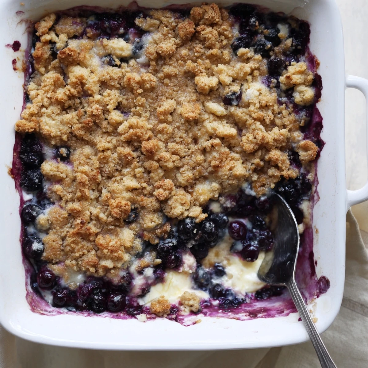Rustic 9x13 pan of lemon blueberry cheesecake dump cake fresh from the oven with golden crumbled topping
