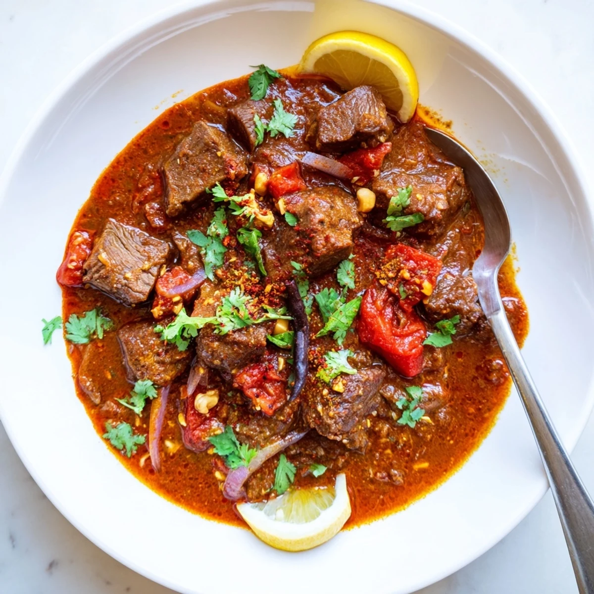Tender beef chunks simmered in rich Indian beef curry with vibrant red tomato gravy and fresh cilantro garnish