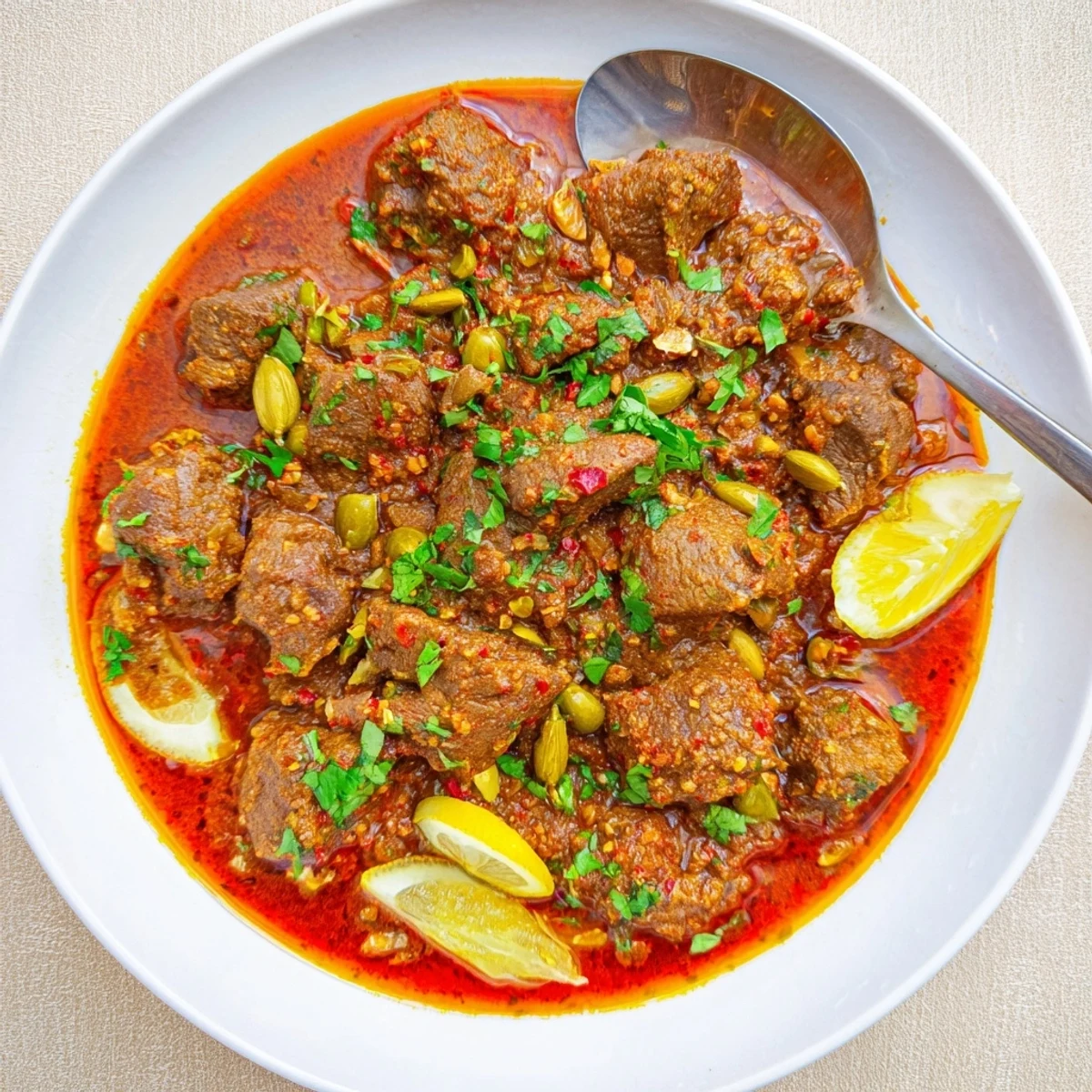 Savory Indian beef curry with tomato gravy served steaming hot over fluffy white basmati rice