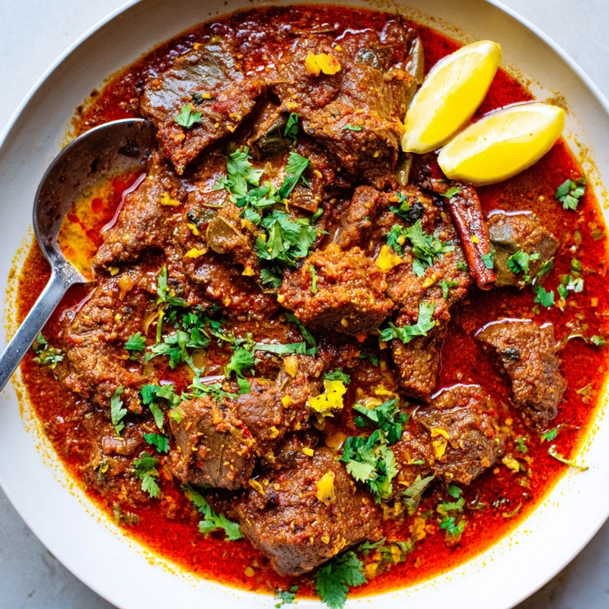 Golden aromatic Indian beef curry with tomato gravy features tender meat pieces in a thick spiced sauce