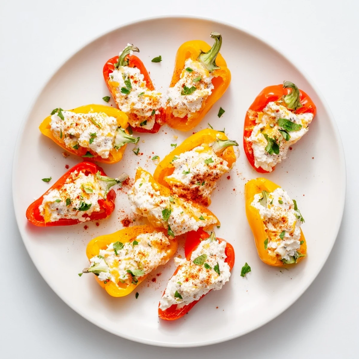 Golden air fryer cream cheese stuffed mini peppers arranged on a white serving platter